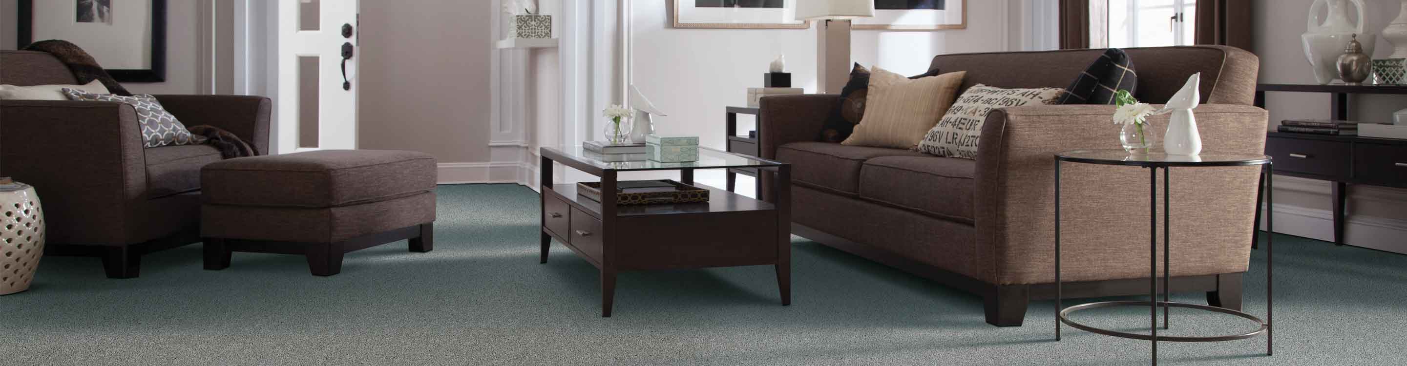 grey carpet in a living room with brown furniture